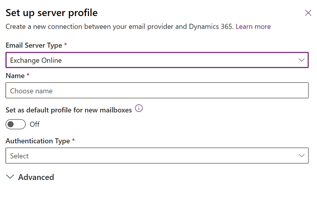 Exchange Online sunucu profilini seçme işleminin ekran görüntüsü.