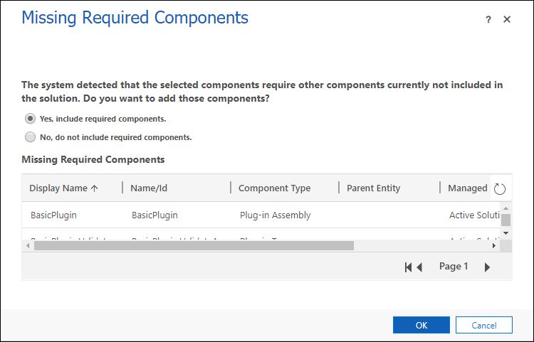 Missing required component dialog.