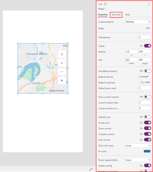 Microsoft Power Apps Studio'daki Özellikler sekmesinin yanında bir harita denetiminin gösterildiği bir telefon uygulamasının ekran görüntüsü.