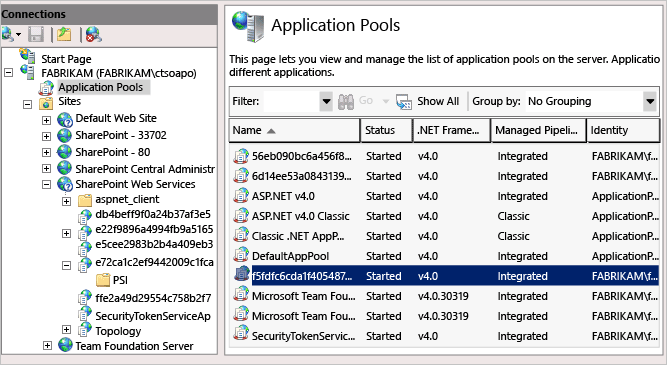 Find service accounts of PSI app pools
