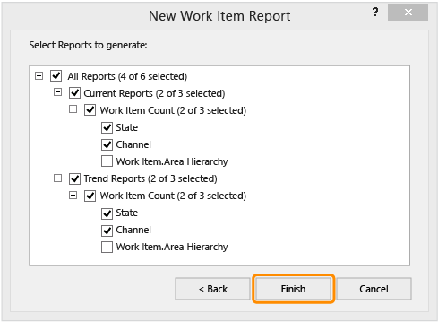 Expanded nodes, New Work Item Report dialog box