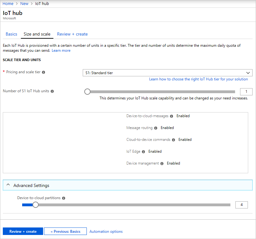 Set the size and scale for a new hub using the Azure portal