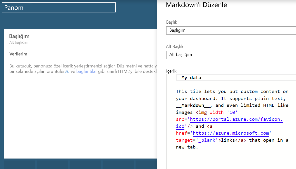 Screenshot that shows the options for dashboard Markdown tiles.