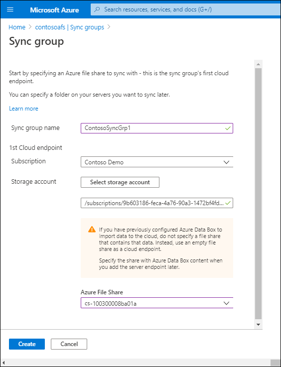 A screenshot of the Sync group page in the Azure portal. The Sync group name is ContosoSyncGrp1, and both the Storage account and Azure File Share values are configured.