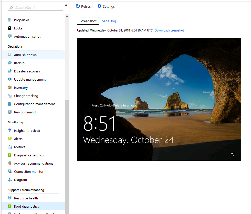 Azure Portal'ın Önyükleme tanılama sayfasındaki Ekran Görüntüsü sekmesinin ekran görüntüsü.