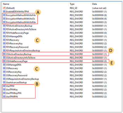 Kayıt Defteri Düzenleyici bulunan BitLocker kayıt defteri anahtarlarının ekran görüntüsü.