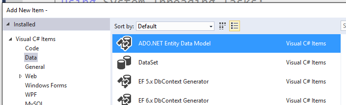 Yeni Entity Framework modeli proje öğesi