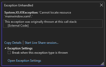 Screenshot of the Output window showing a System.IO.IOException with the message, Cannot locate resource mainwindow.xaml.