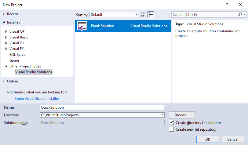 Screenshot that shows a Blank Solution template selected in Visual Studio 2017.