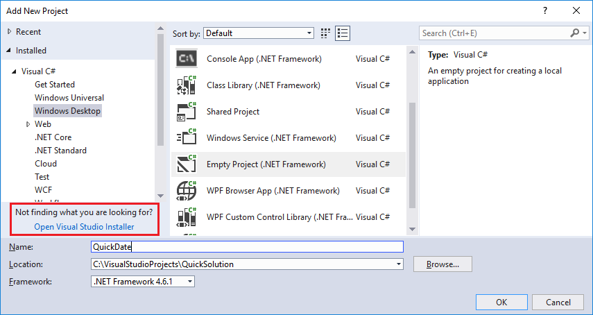 Screenshot that shows the Open Visual Studio Installer link.