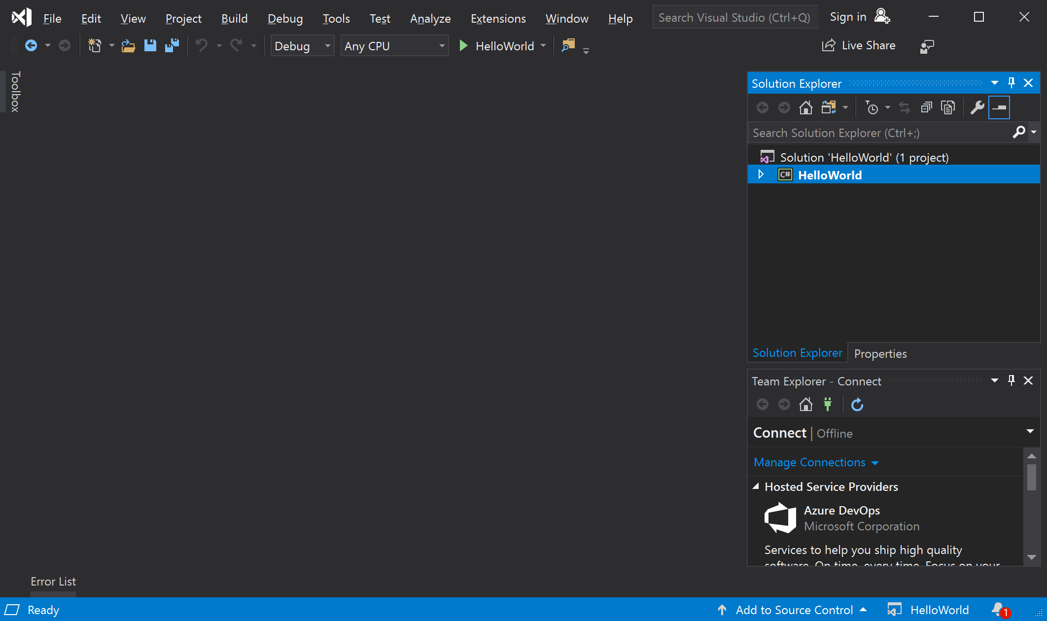Koyu temada Visual Studio'yu gösteren ekran görüntüsü.