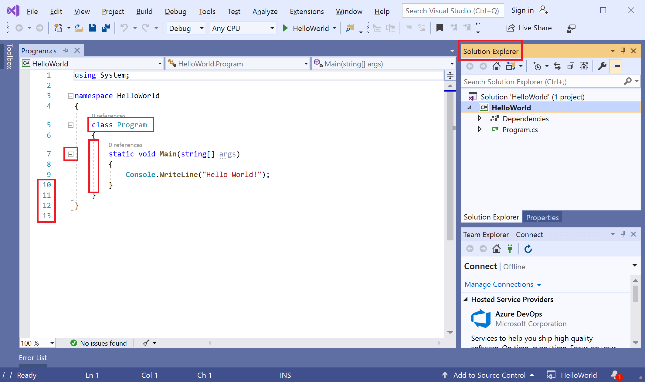 Visual Studio IDE'yi kırmızı kutularla gösteren ekran görüntüsü.