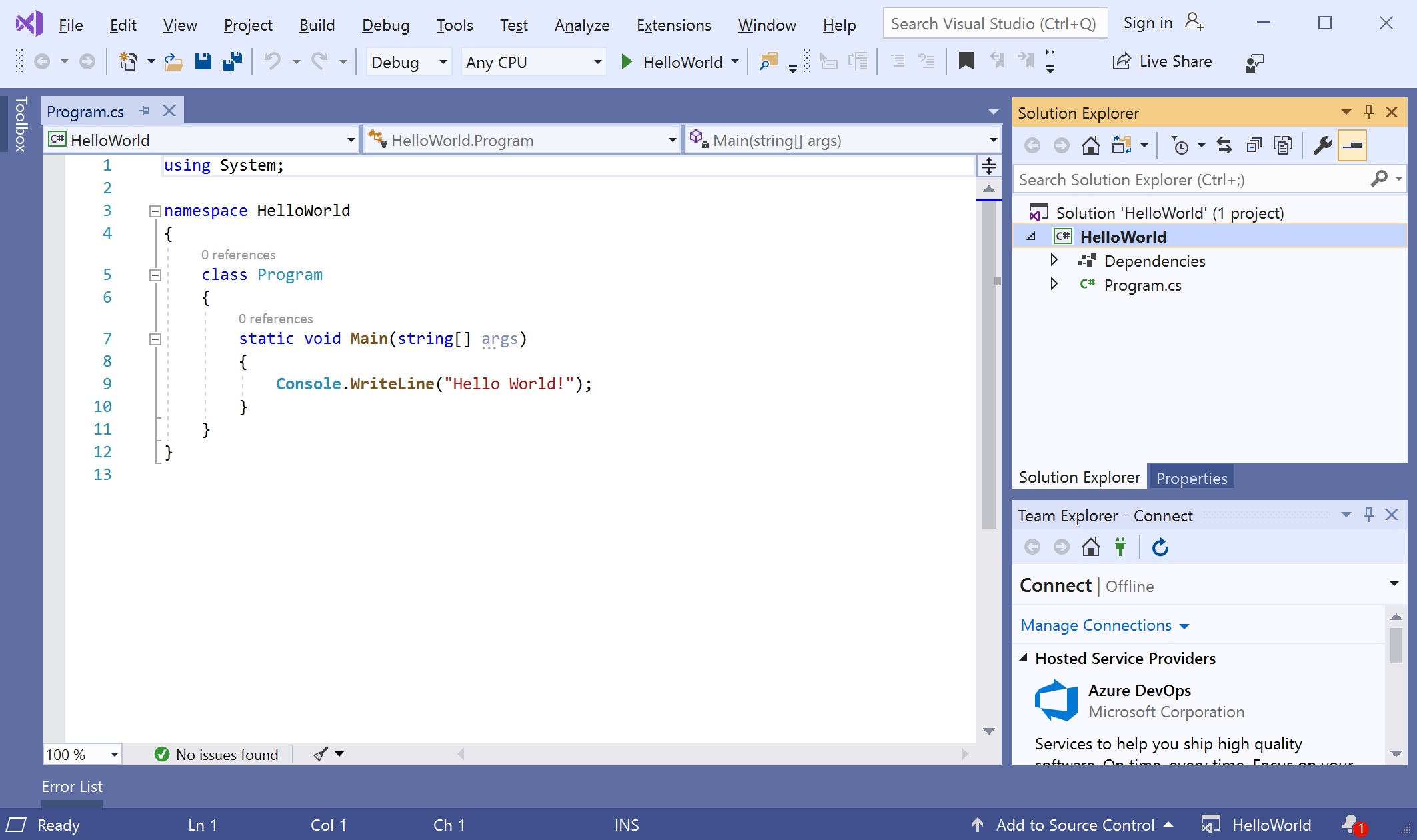 Visual Studio IDE'yi gösteren ekran görüntüsü.
