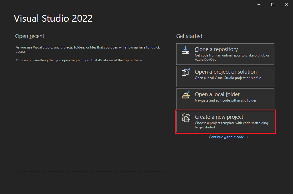 Yeni proje oluştur'un seçili olduğu Visual Studio başlat menüsünün ekran görüntüsü.