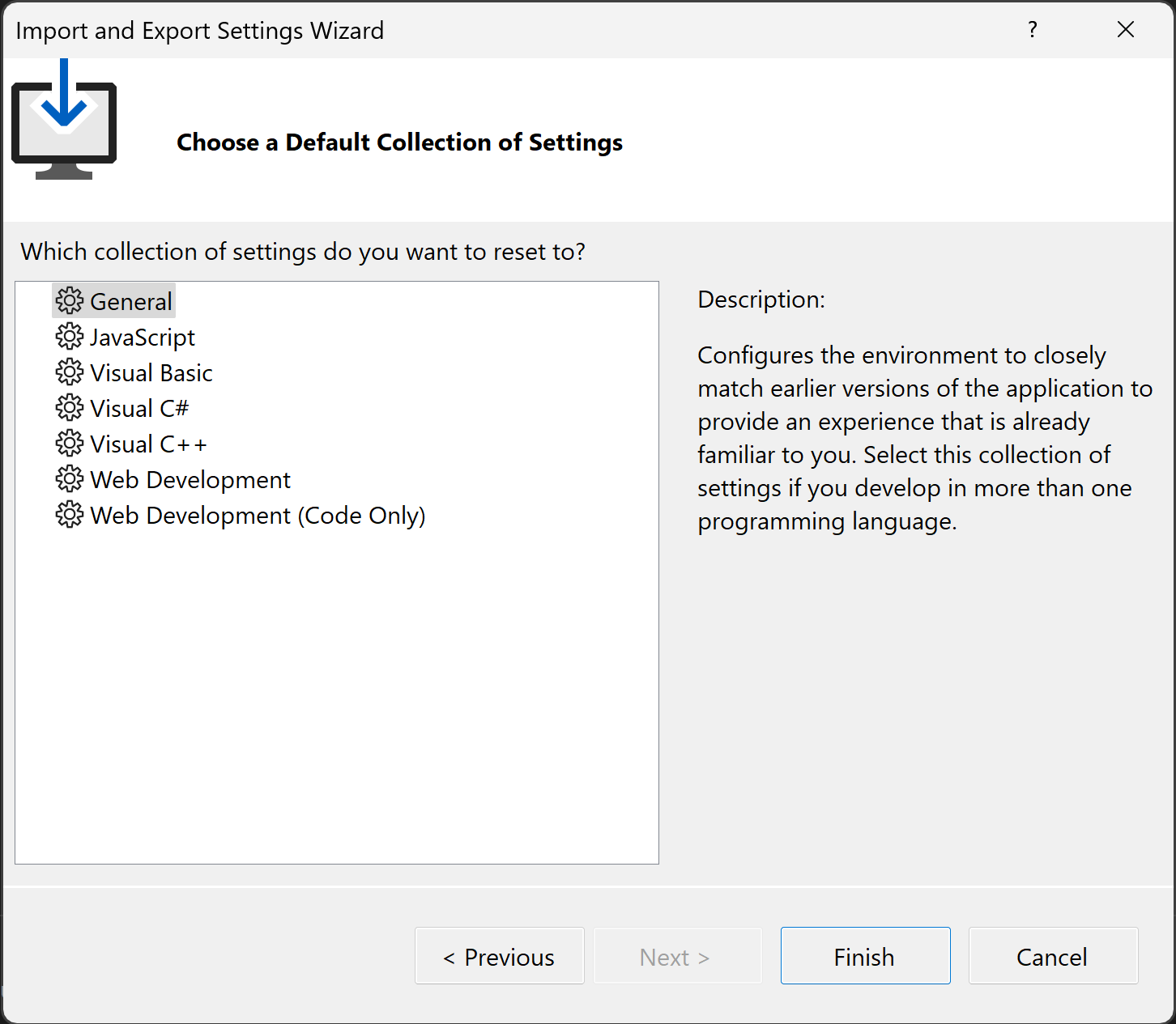 Visual Studio'daki varsayılan ayarlar koleksiyonunun ekran görüntüsü.