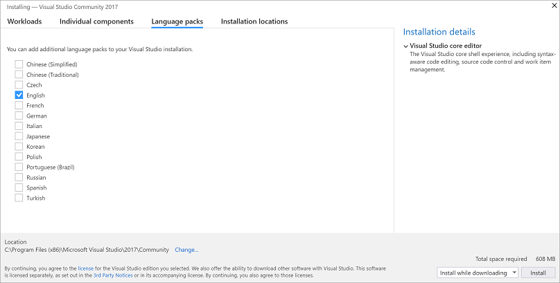 Uygulamanın Dil paketleri sekmesini gösteren Visual Studio Yükleyicisi.