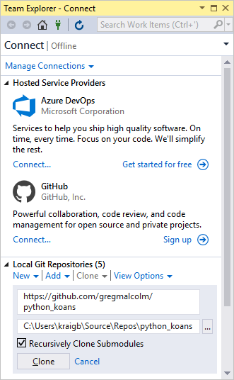 Team explorer window showing Azure Repos, GitHub, and cloning a repository