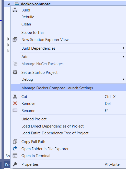 Right click menu shown with Manage Docker Compose Launch Settings highlighted