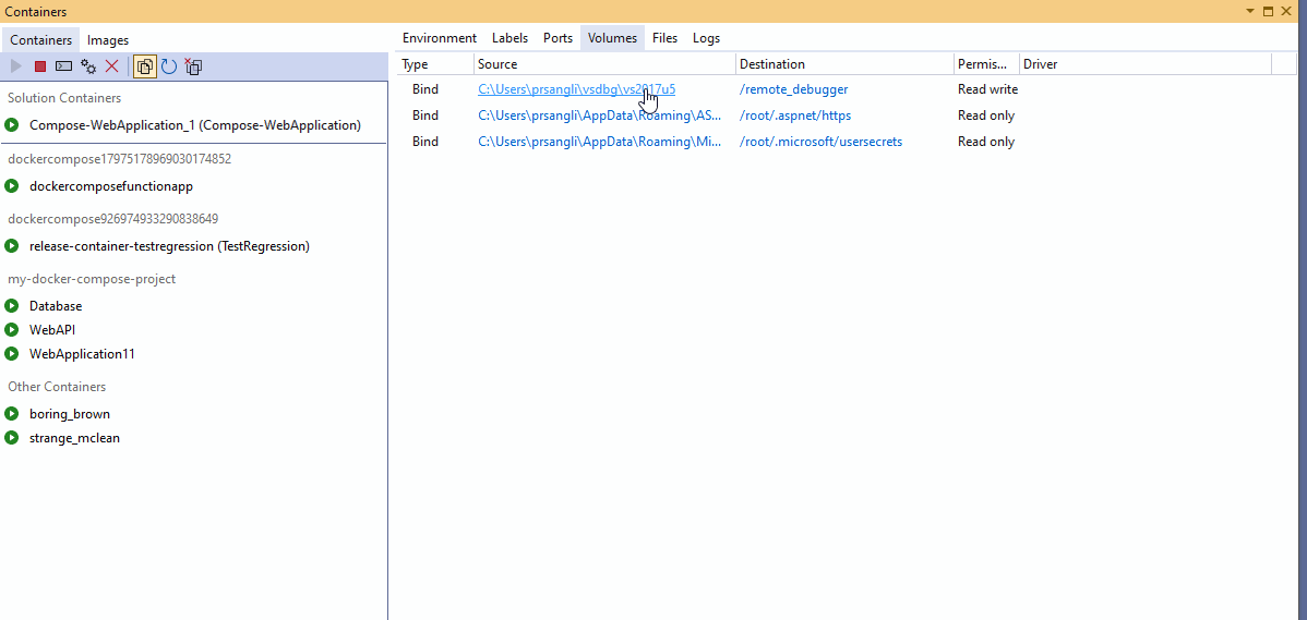 Animation of opening folder of container in Volumes tab
