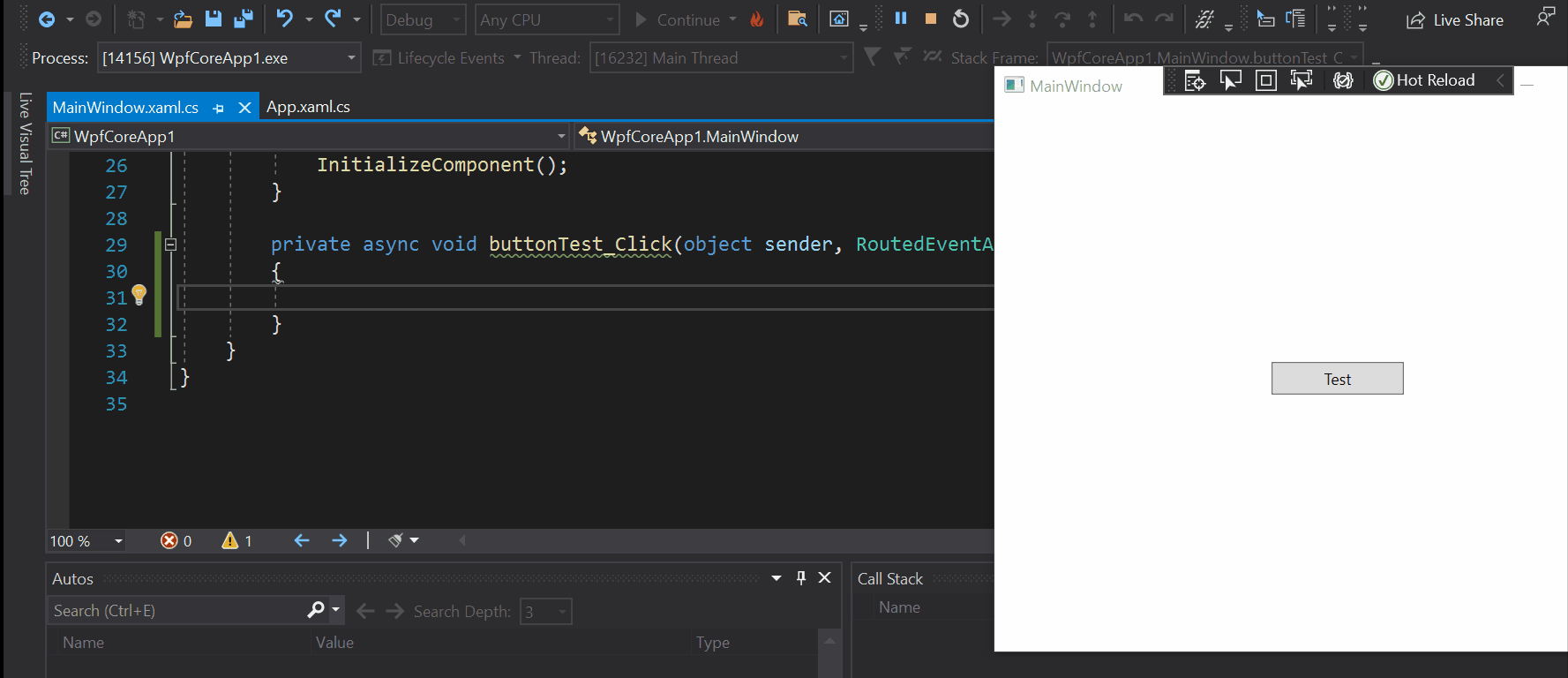 VS'de 'kod değişikliklerini uygula' düğmesi kullanılarak .NET Çalışırken Yeniden Yükleme değişikliği uygulanır