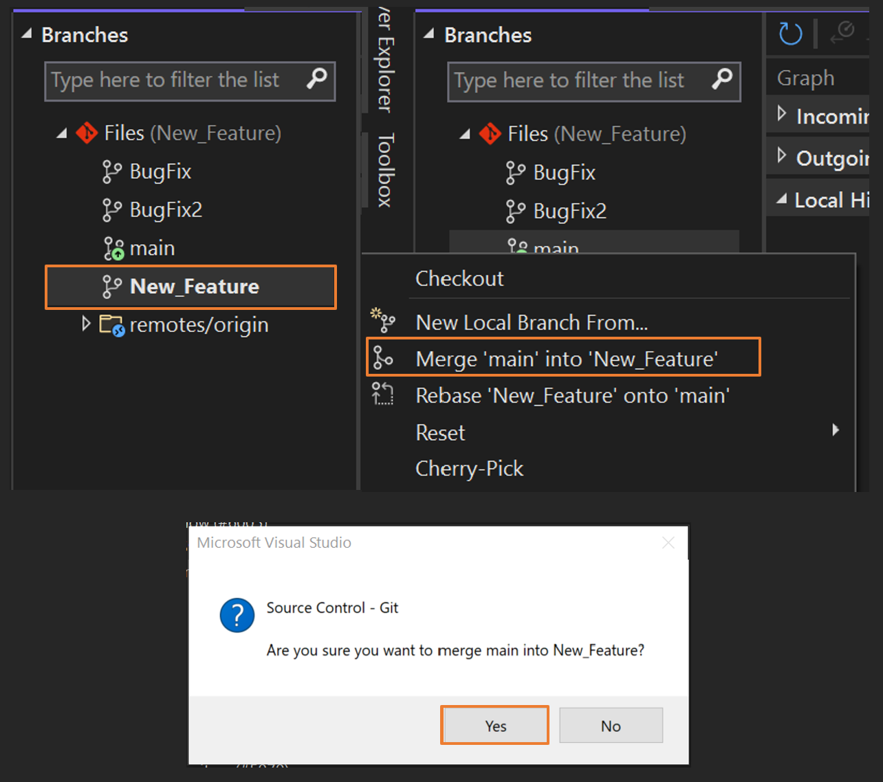 Visual Studio'da dalları birleştirme işleminin ekran görüntüsü.