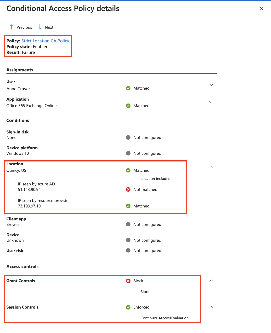 Screenshot of Conditional Access Policy detail with the locations that were seen.