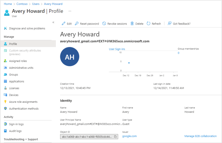 Screenshot of user profile showing an external identity provider