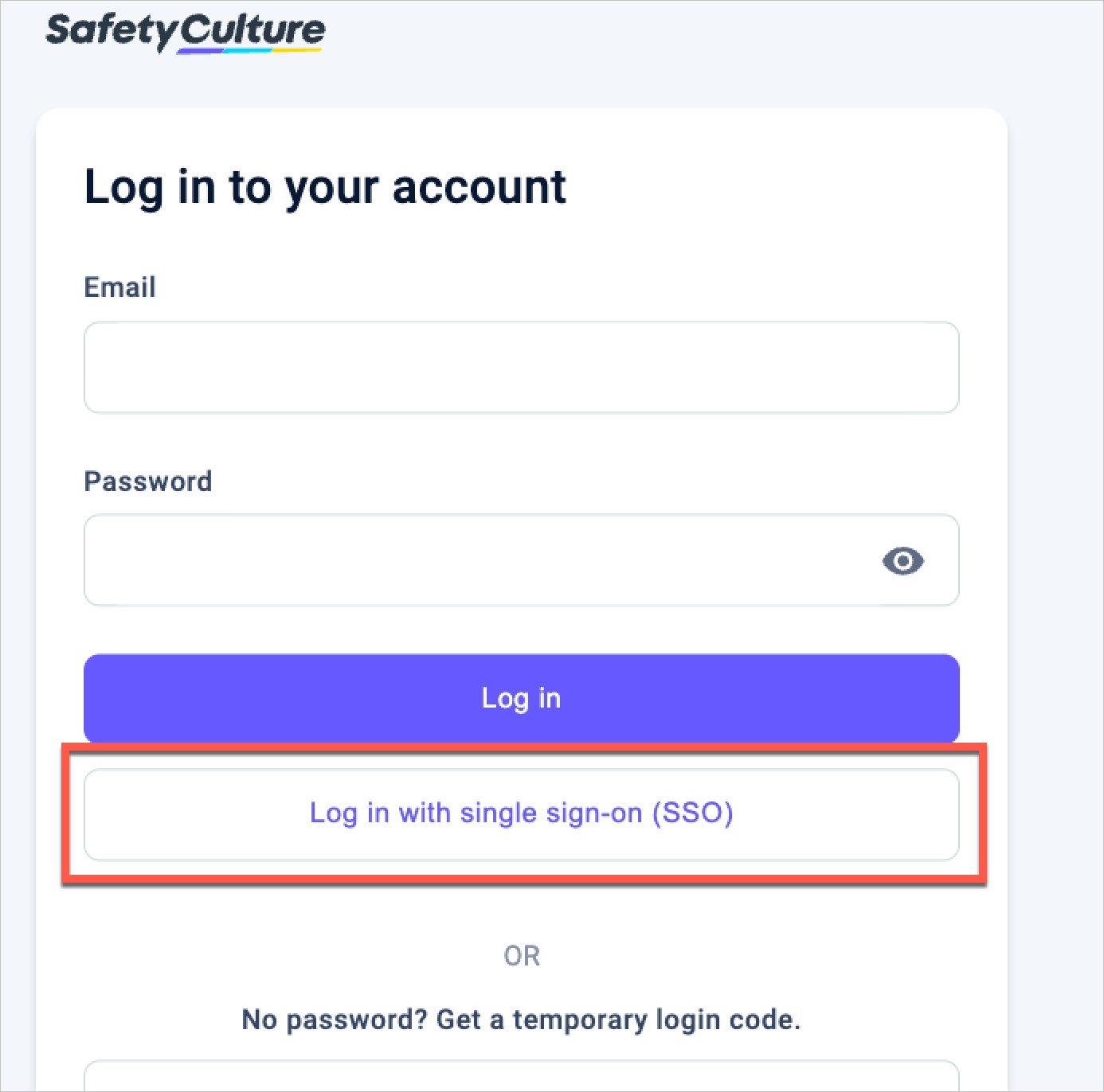 Screenshot shows the log in with SSO option on SafetyCulture.