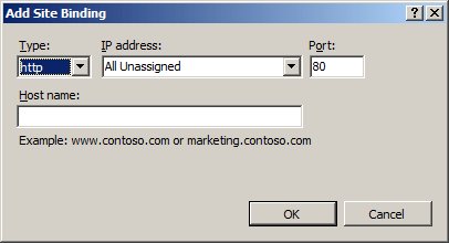 Screenshot of the Add Site Binding dialog box. H T T P is displayed in the Type field.