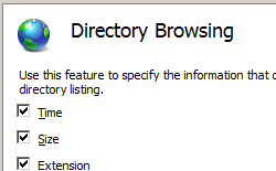 The Directory Browsing screen with the Time, Size, and Extension options enabled.