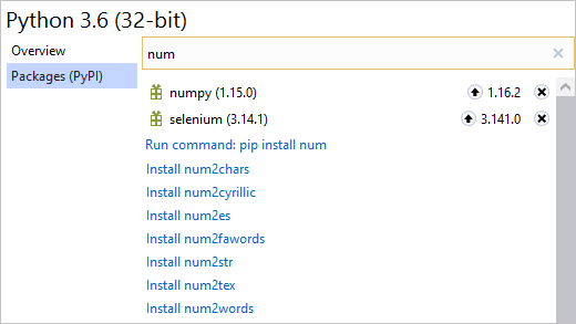 Python environments packages tab with a search on "num"
