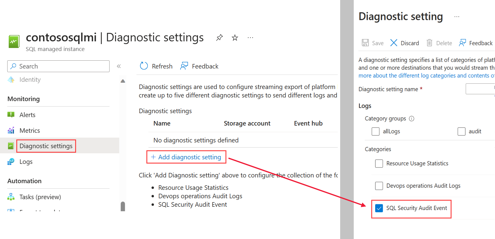 Screenshot showing how to configure diagnostic settings.