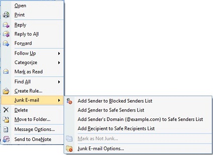 Screenshot showing Outlook 2007 Junk Email menu.