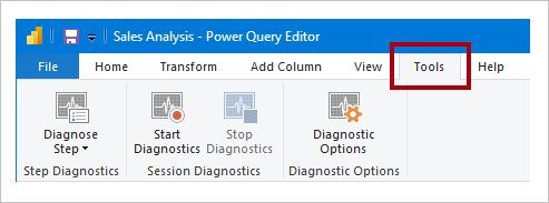 Screenshot of Power Query Editor Tools ribbon tab showing the Diagnose Step command, Start Diagnostics command, and the Stop Diagnostics command.