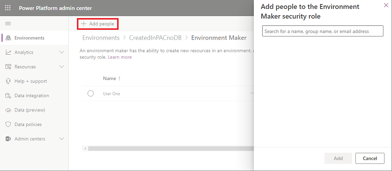 Скріншот додавання користувачів до ролі Environment Maker у Power Platform центрі адміністрування.