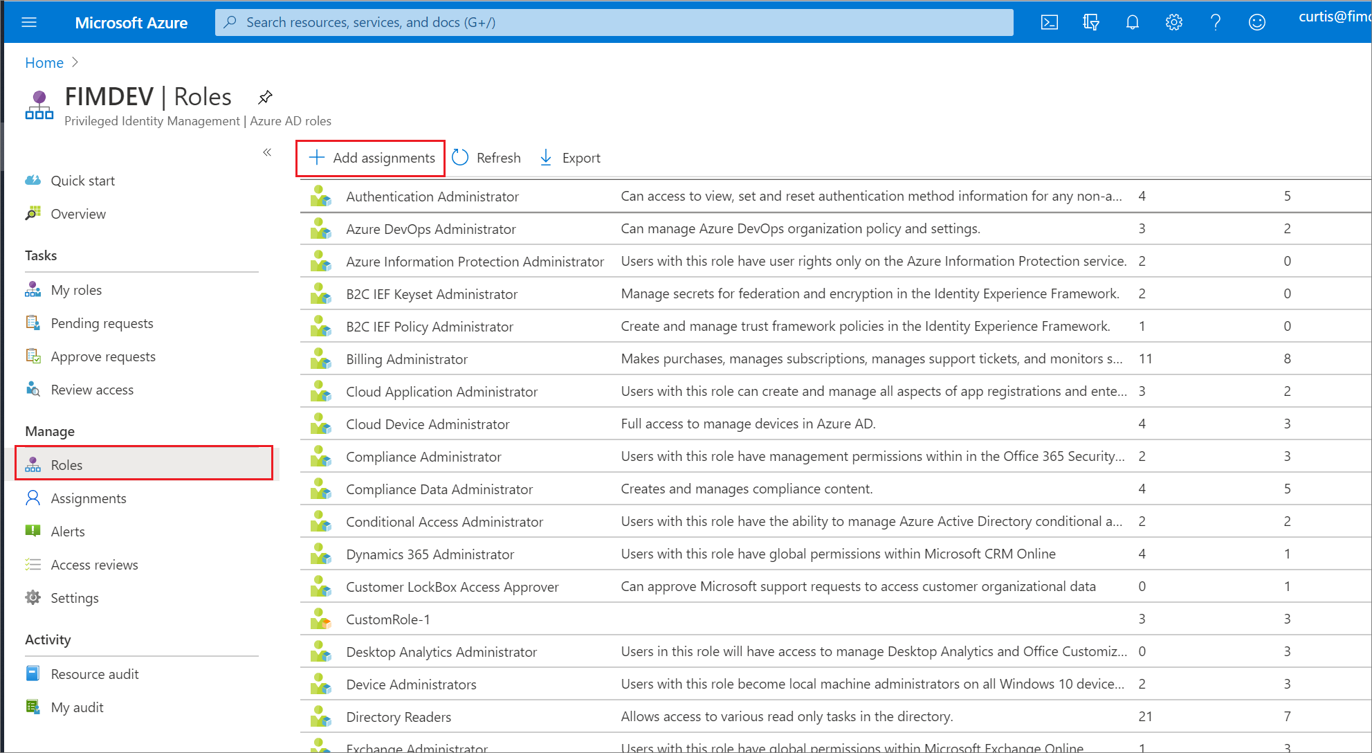Screenshot of the Roles page with the Add assignments action selected.
