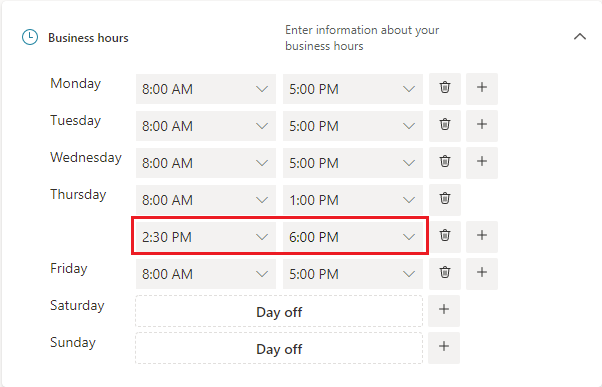 Image of Business hours UI with hours added.
