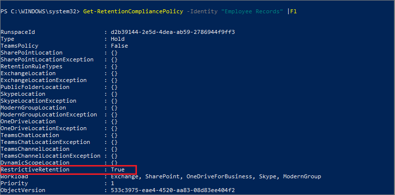 Locked policy with all parameters shown in PowerShell.