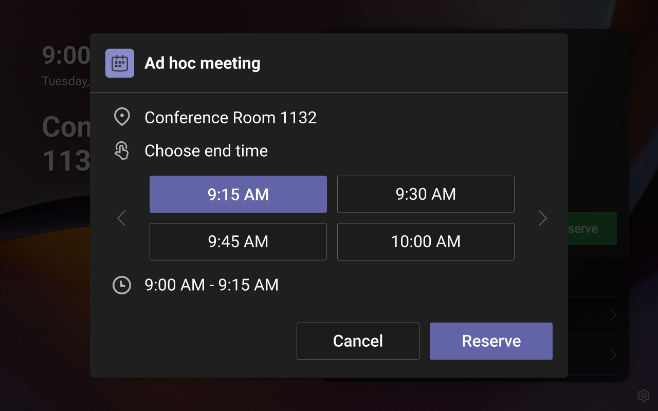 Ad hoc meeting screen showing end time slots.