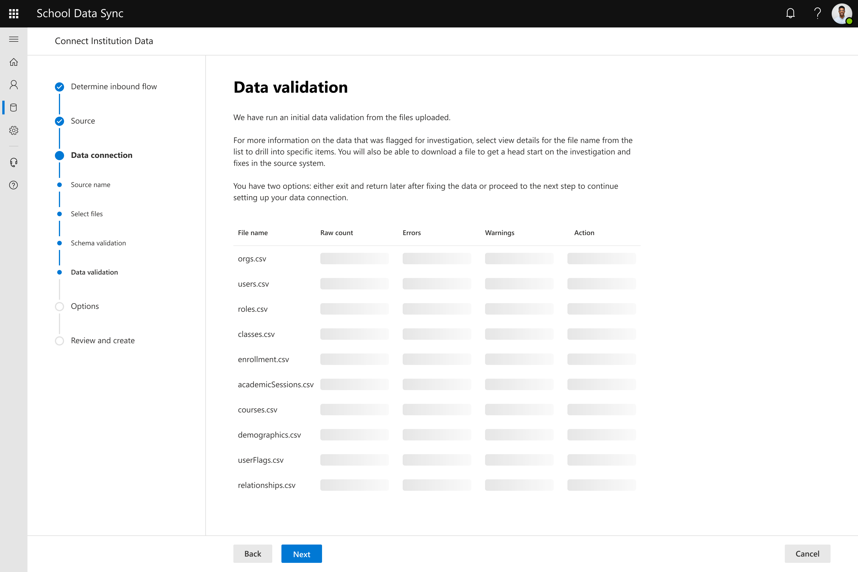 Screenshot of files processing through data validation.