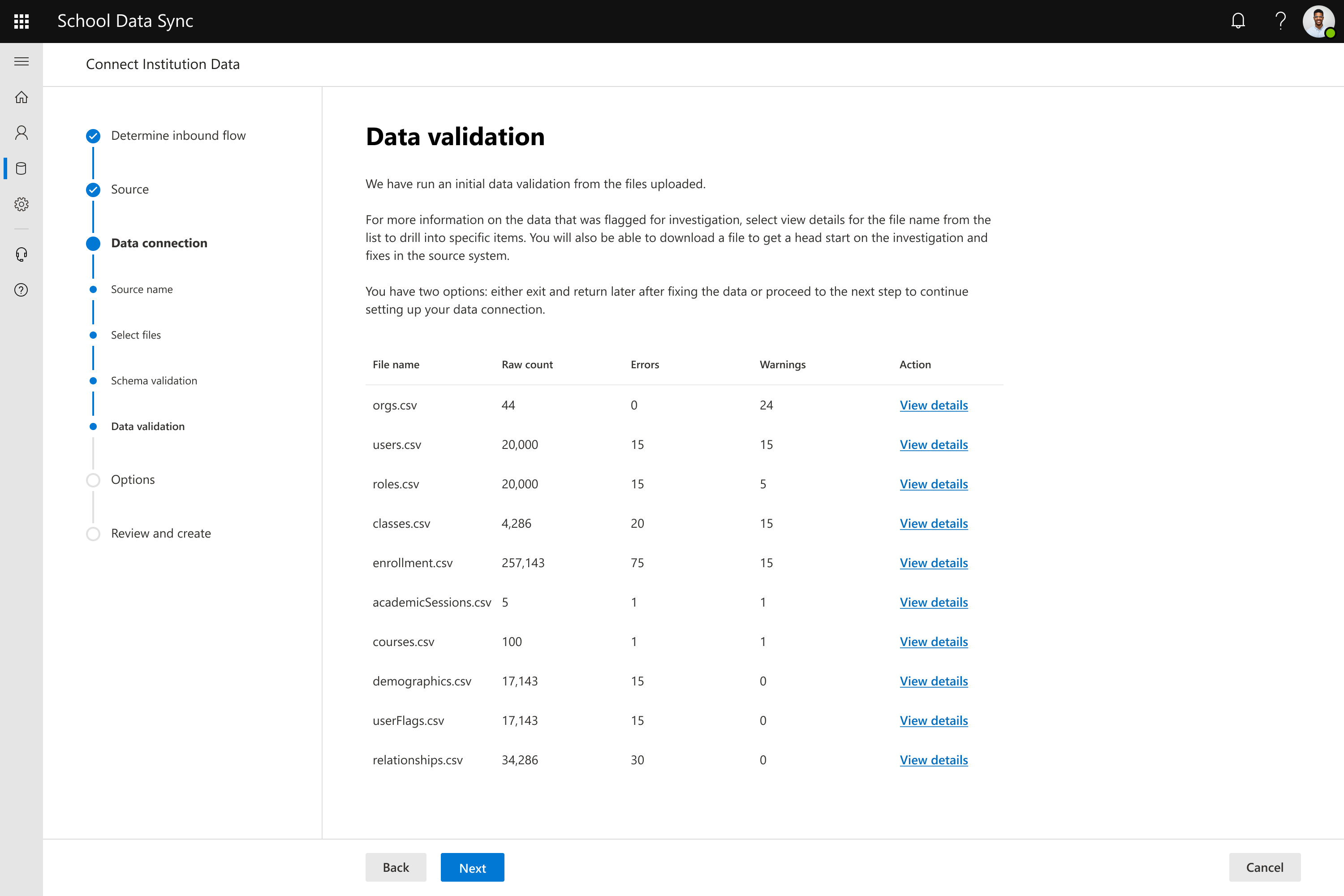 Screenshot of files processed through data validation.