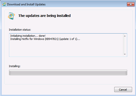 Download and Install updates window that shows the updates are being installed progress.