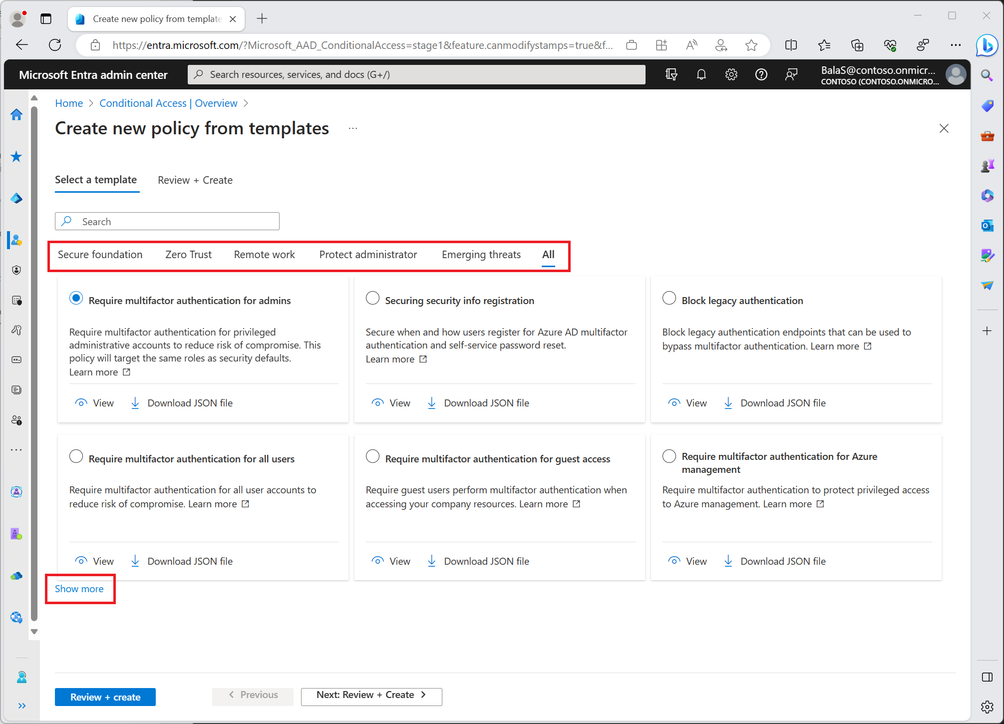 Create a Conditional Access policy from a preconfigured template in the Azure portal.