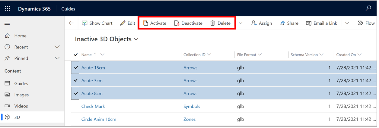 Screenshot that shows Activate, Deactivate, and Delete buttons for selected objects in the Guides model-driven app.
