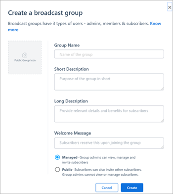 Screenshot of Create a broadcast group window.