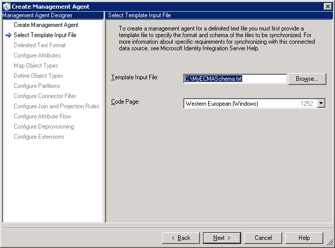 The Select Template Input File page