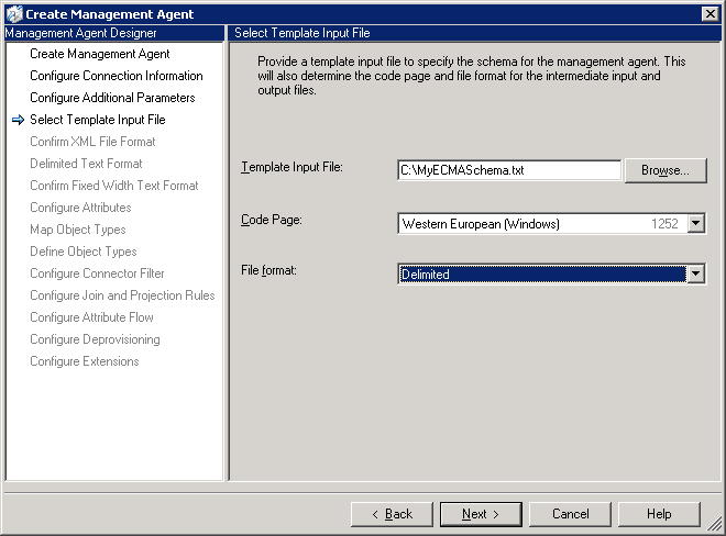 The Select Template Input File page