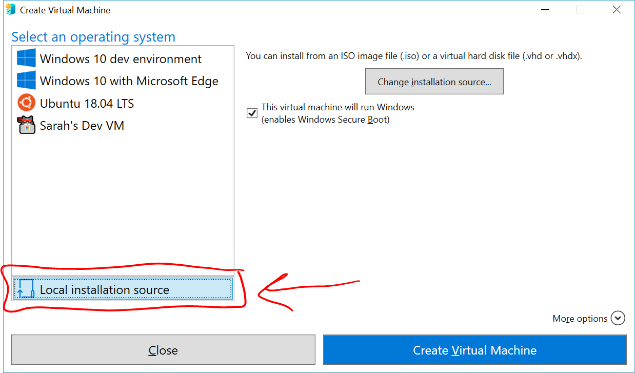 Screenshot of the Local installation source button emphasized in the Create Virtual Machine dialog.