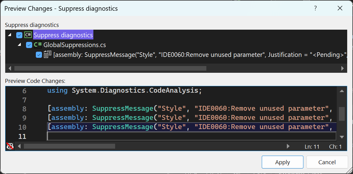 Screenshot that shows the Preview Changes dialog box with a SuppressMessageAttribute attribute in the suppression file.