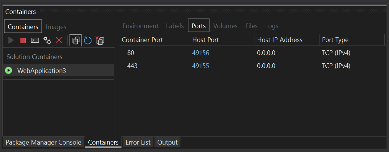 Screenshot of Ports tab in Containers window.
